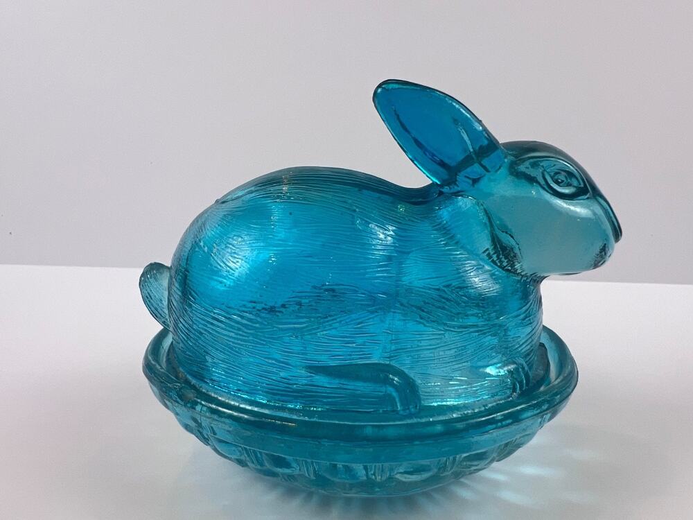 Vintage Small Blue (Ice Blue/ Turquoise) Glass Bunny Rabbit On A Nest 5"